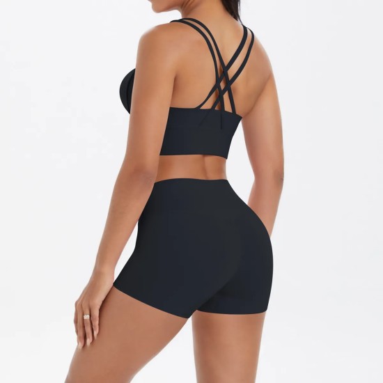 Women Fashion Casual Solid Color Tank Top Tight Shorts Yoga Sports Two-Piece Set