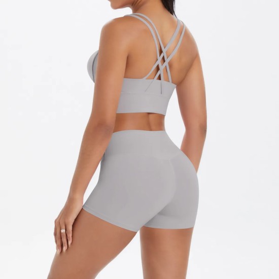 Women Fashion Casual Solid Color Tank Top Tight Shorts Yoga Sports Two-Piece Set