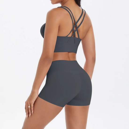 Women Fashion Casual Solid Color Tank Top Tight Shorts Yoga Sports Two-Piece Set