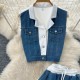 Casual Women Summer Fashionable Color Blocking Sleeveless Denim Tank Top High Waist Wide Leg Straight Pants Set
