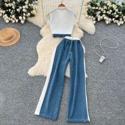 Casual Women Summer Fashionable Color Blocking Sleeveless Denim Tank Top High Waist Wide Leg Straight Pants Set