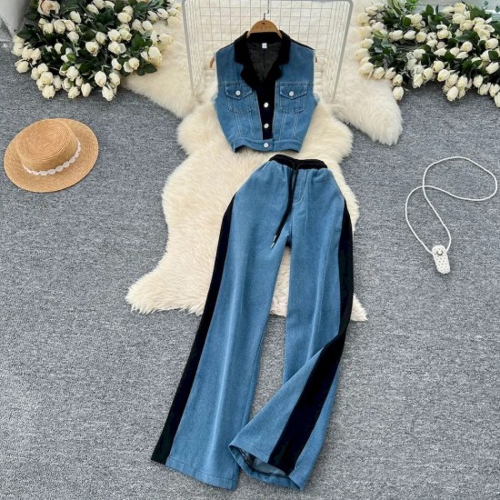 Casual Women Summer Fashionable Color Blocking Sleeveless Denim Tank Top High Waist Wide Leg Straight Pants Set