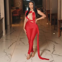 Women Sexy Ring Hollow Irregular Strap Sleeveless Tight Solid Color Jumpsuits