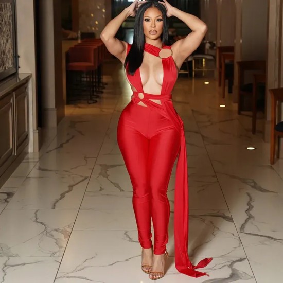 Women Sexy Ring Hollow Irregular Strap Sleeveless Tight Solid Color Jumpsuits