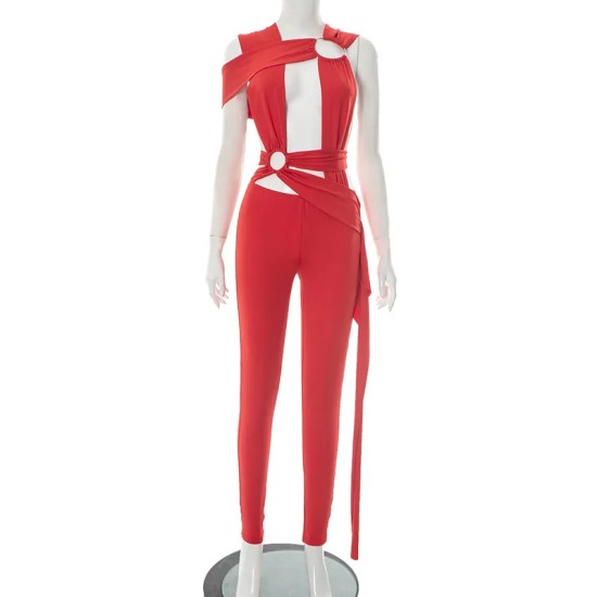 Women Sexy Ring Hollow Irregular Strap Sleeveless Tight Solid Color Jumpsuits