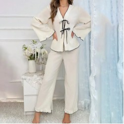 Women Fashion Casual Contrast Color V-Neck Long-Sleeve Lace-Up Top Loose Pants Pajamas Two-Piece Set