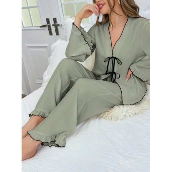 Women Fashion Casual Contrast Color V-Neck Long-Sleeve Lace-Up Top Loose Pants Pajamas Two-Piece Set