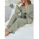 Women Fashion Casual Contrast Color V-Neck Long-Sleeve Lace-Up Top Loose Pants Pajamas Two-Piece Set