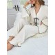 Women Fashion Casual Contrast Color V-Neck Long-Sleeve Lace-Up Top Loose Pants Pajamas Two-Piece Set