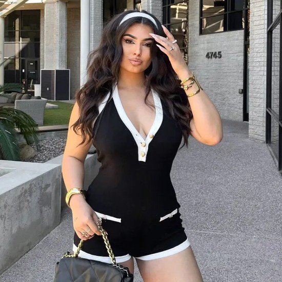Women Fashion Sexy Contrast Color Halter-Neck Backless Rompers