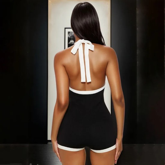 Women Fashion Sexy Contrast Color Halter-Neck Backless Rompers