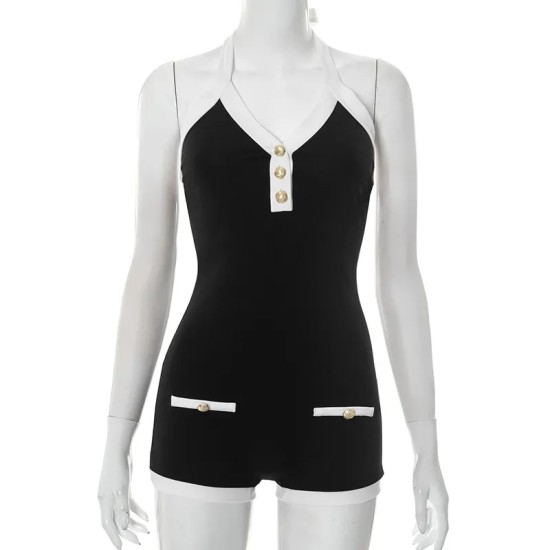 Women Fashion Sexy Contrast Color Halter-Neck Backless Rompers