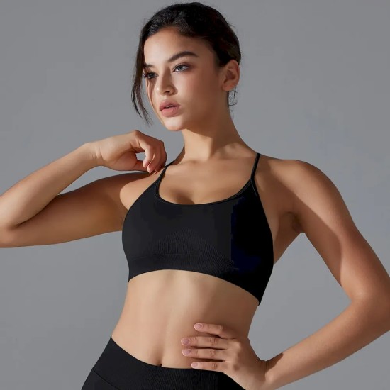 Women Fashion Sexy Solid Color Seamless Cross Backless Tight Yoga Sports Bra