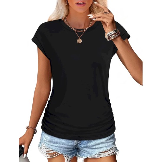 Women Fashion Casual Solid Color Round Neck Short Sleeve T-Shirt