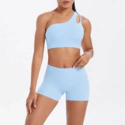 Women Fashion Casual Solid Color Slanted Shoulder Tank Top Tight Shorts Yoga Sports Two-Piece Set