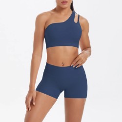 Women Fashion Casual Solid Color Slanted Shoulder Tank Top Tight Shorts Yoga Sports Two-Piece Set