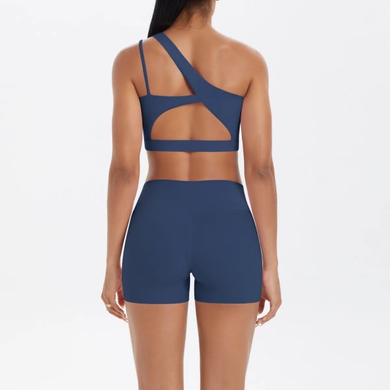 Women Fashion Casual Solid Color Slanted Shoulder Tank Top Tight Shorts Yoga Sports Two-Piece Set