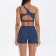 Women Fashion Casual Solid Color Slanted Shoulder Tank Top Tight Shorts Yoga Sports Two-Piece Set