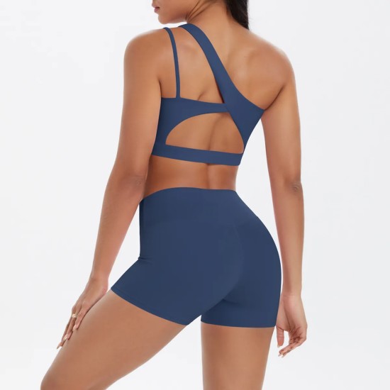 Women Fashion Casual Solid Color Slanted Shoulder Tank Top Tight Shorts Yoga Sports Two-Piece Set