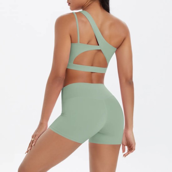 Women Fashion Casual Solid Color Slanted Shoulder Tank Top Tight Shorts Yoga Sports Two-Piece Set