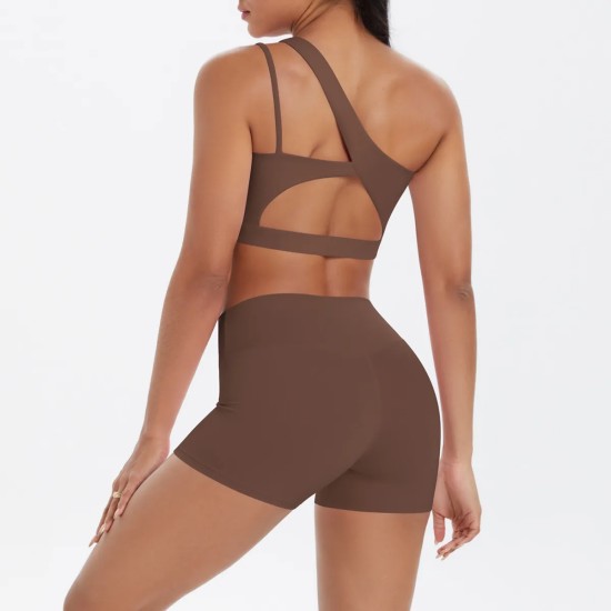 Women Fashion Casual Solid Color Slanted Shoulder Tank Top Tight Shorts Yoga Sports Two-Piece Set
