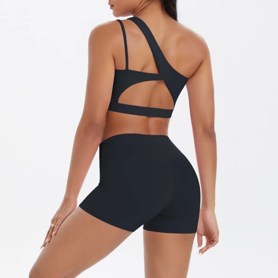 Women Fashion Casual Solid Color Slanted Shoulder Tank Top Tight Shorts Yoga Sports Two-Piece Set