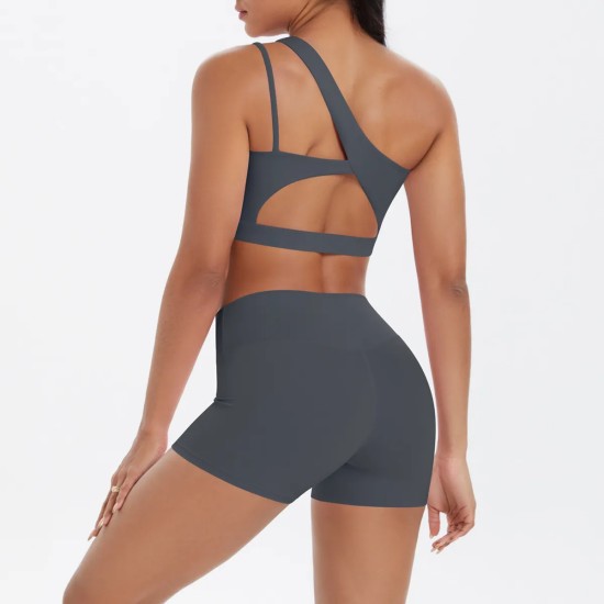 Women Fashion Casual Solid Color Slanted Shoulder Tank Top Tight Shorts Yoga Sports Two-Piece Set