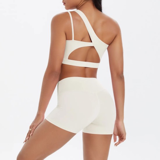 Women Fashion Casual Solid Color Slanted Shoulder Tank Top Tight Shorts Yoga Sports Two-Piece Set