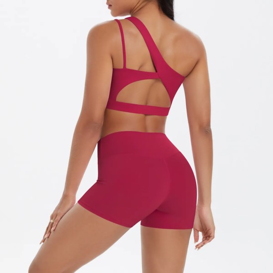 Women Fashion Casual Solid Color Slanted Shoulder Tank Top Tight Shorts Yoga Sports Two-Piece Set
