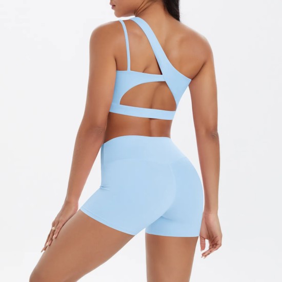 Women Fashion Casual Solid Color Slanted Shoulder Tank Top Tight Shorts Yoga Sports Two-Piece Set