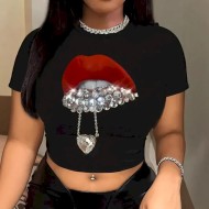 Women Fashion Sexy Letter Printed Short-Sleeve Tight T-Shirt