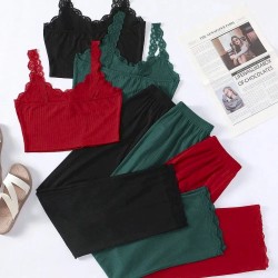Women Fashion Solid Color Lace-Trimmed Crop Top Loose Pants Pajamas Two-Piece Set