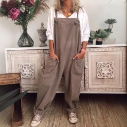 Women Casual Solid Color Cotton Linen Sleeveless Pocket Jumpsuit