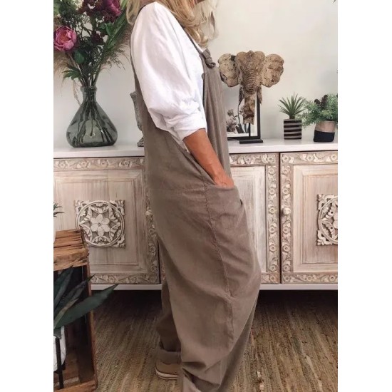Women Casual Solid Color Cotton Linen Sleeveless Pocket Jumpsuit