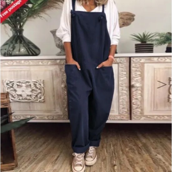 Women Casual Solid Color Cotton Linen Sleeveless Pocket Jumpsuit