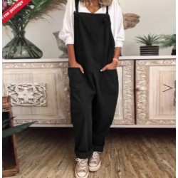 Women Casual Solid Color Cotton Linen Sleeveless Pocket Jumpsuit