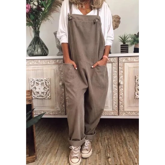 Women Casual Solid Color Cotton Linen Sleeveless Pocket Jumpsuit