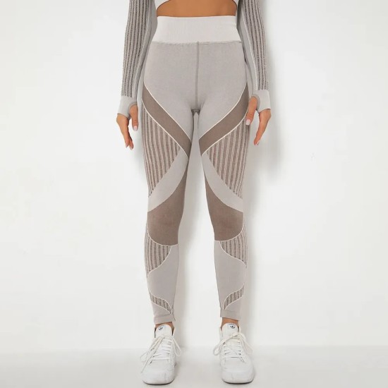 Women Fashion Casual Solid Color Hollow-Out Seamless High Waist Slim-Fit Yoga Sports Leggings