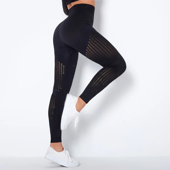 Women Fashion Casual Solid Color Hollow-Out Seamless High Waist Slim-Fit Yoga Sports Leggings