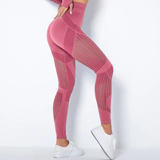 Women Fashion Casual Solid Color Hollow-Out Seamless High Waist Slim-Fit Yoga Sports Leggings