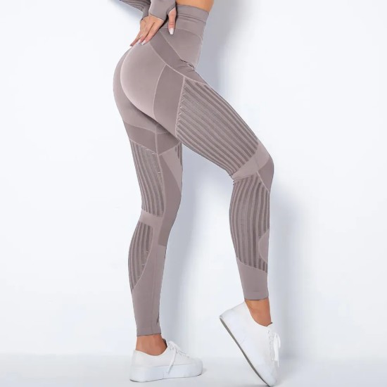 Women Fashion Casual Solid Color Hollow-Out Seamless High Waist Slim-Fit Yoga Sports Leggings