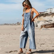 Autumn Solid Color Denim Strap Ripped Cropped Jumpsuits