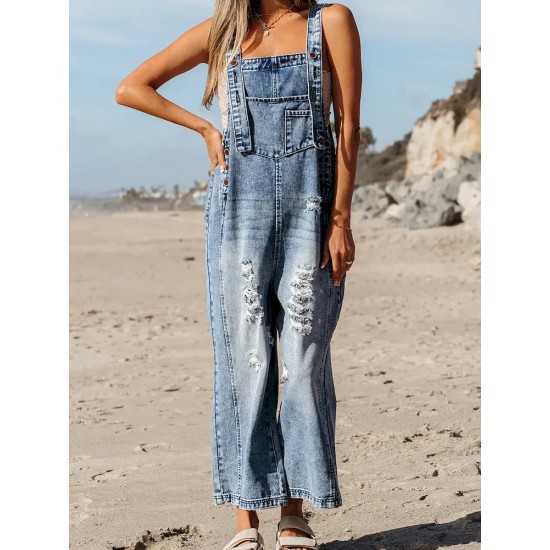 Autumn Solid Color Denim Strap Ripped Cropped Jumpsuits