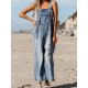 Autumn Solid Color Denim Strap Ripped Cropped Jumpsuits