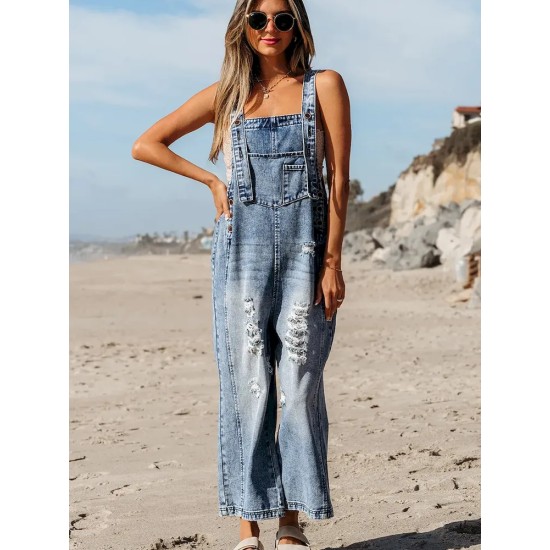 Autumn Solid Color Denim Strap Ripped Cropped Jumpsuits