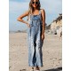 Autumn Solid Color Denim Strap Ripped Cropped Jumpsuits