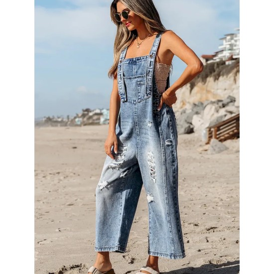 Autumn Solid Color Denim Strap Ripped Cropped Jumpsuits