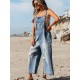 Autumn Solid Color Denim Strap Ripped Cropped Jumpsuits