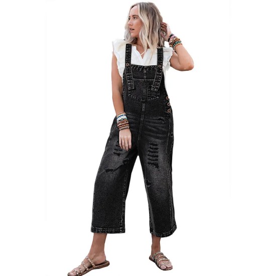 Autumn Solid Color Denim Strap Ripped Cropped Jumpsuits