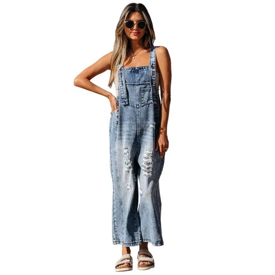 Autumn Solid Color Denim Strap Ripped Cropped Jumpsuits